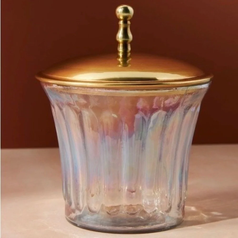 Anthropologie Lustrous Canister Iridescent Glass Gold Lid Vanity Jar NWT
